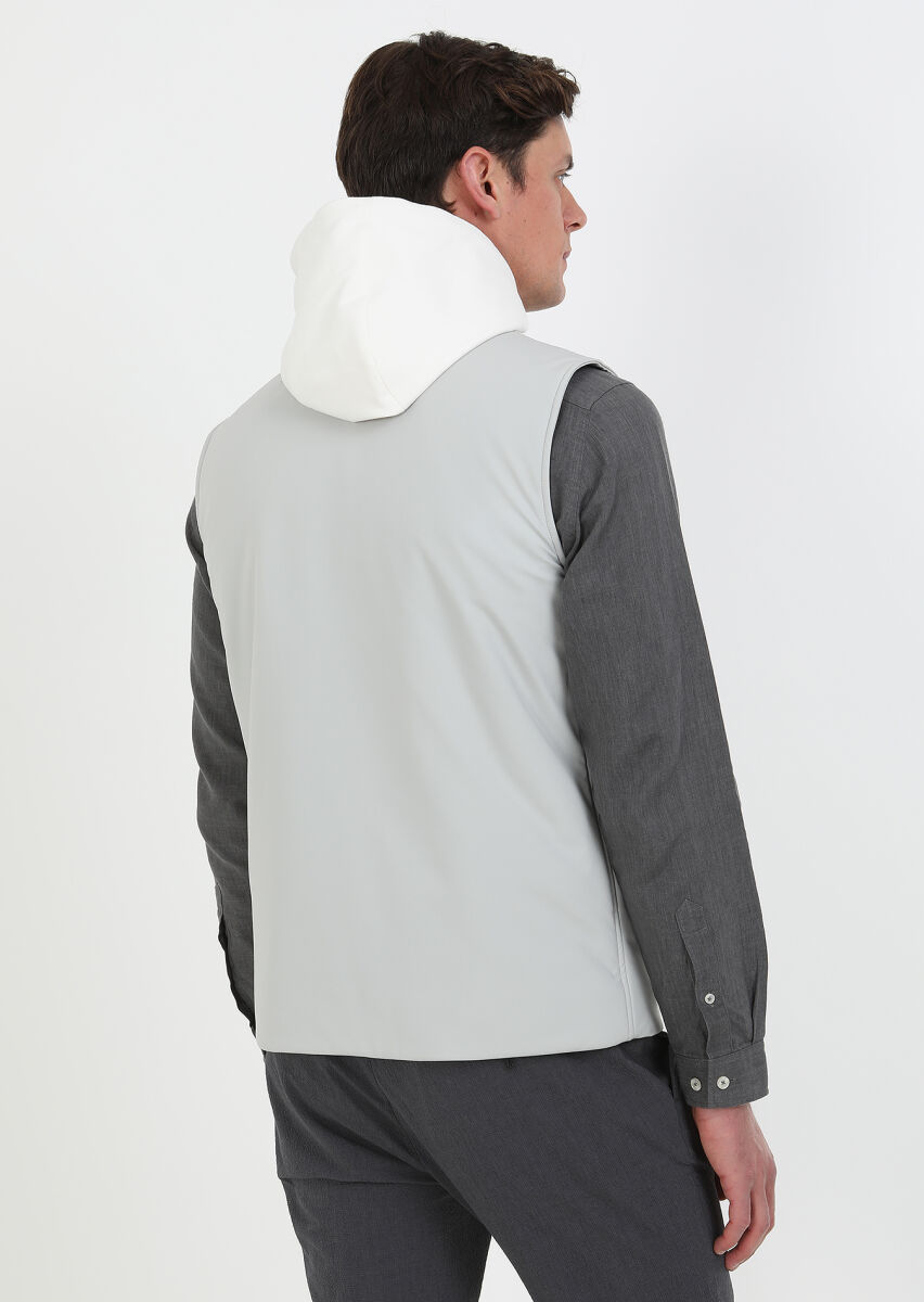 Light Grey Regular Fit Hooded Casual Weaving Puffer Vest - 6