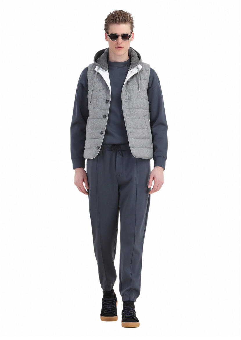 Light Grey Regular Fit Hooded Casual Weaving Puffer Vest - 2