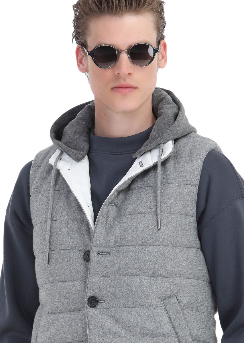 Light Grey Regular Fit Hooded Casual Weaving Puffer Vest - 3