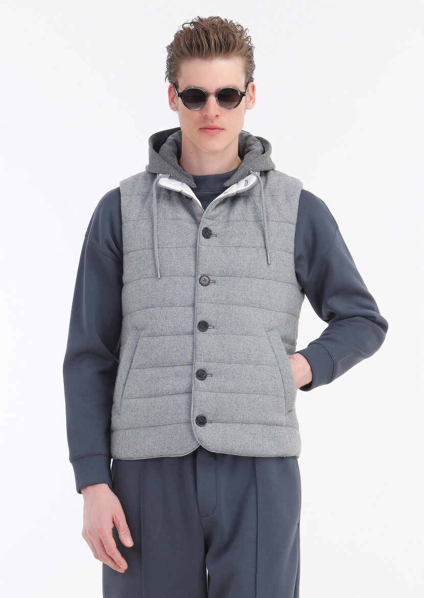 Light Grey Regular Fit Hooded Casual Weaving Puffer Vest - 5