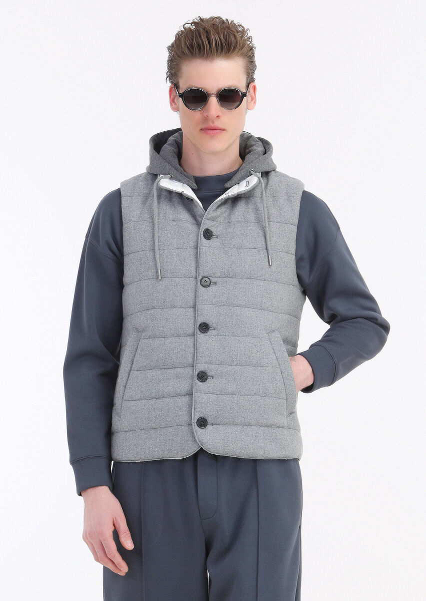 Light Grey Regular Fit Hooded Casual Weaving Puffer Vest - 5
