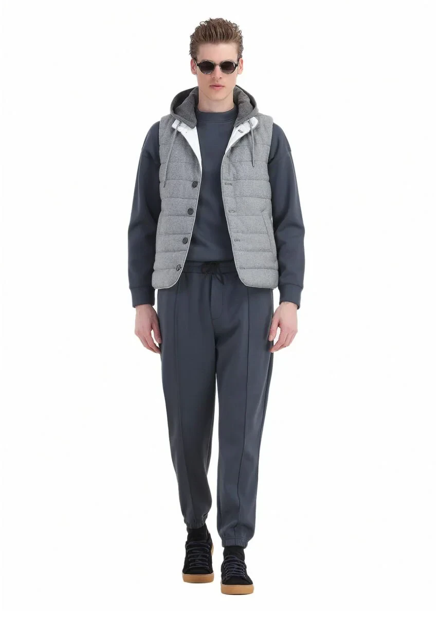 Light Grey Regular Fit Hooded Casual Weaving Puffer Vest - 2