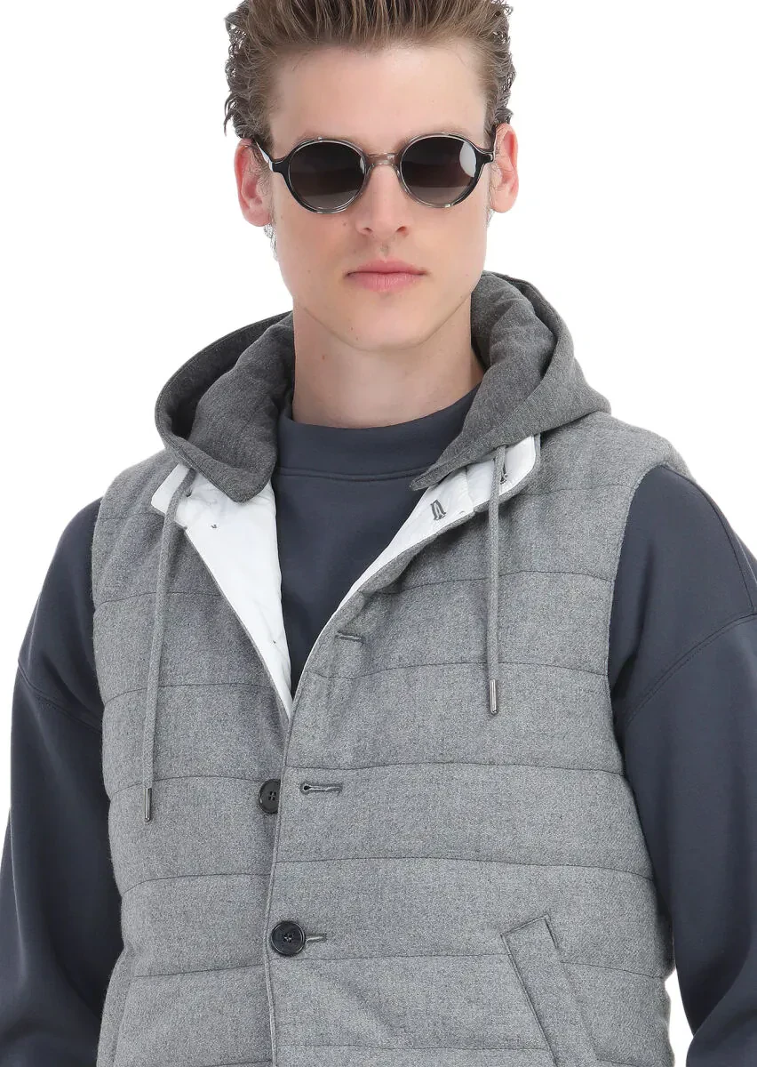 Light Grey Regular Fit Hooded Casual Weaving Puffer Vest - 3