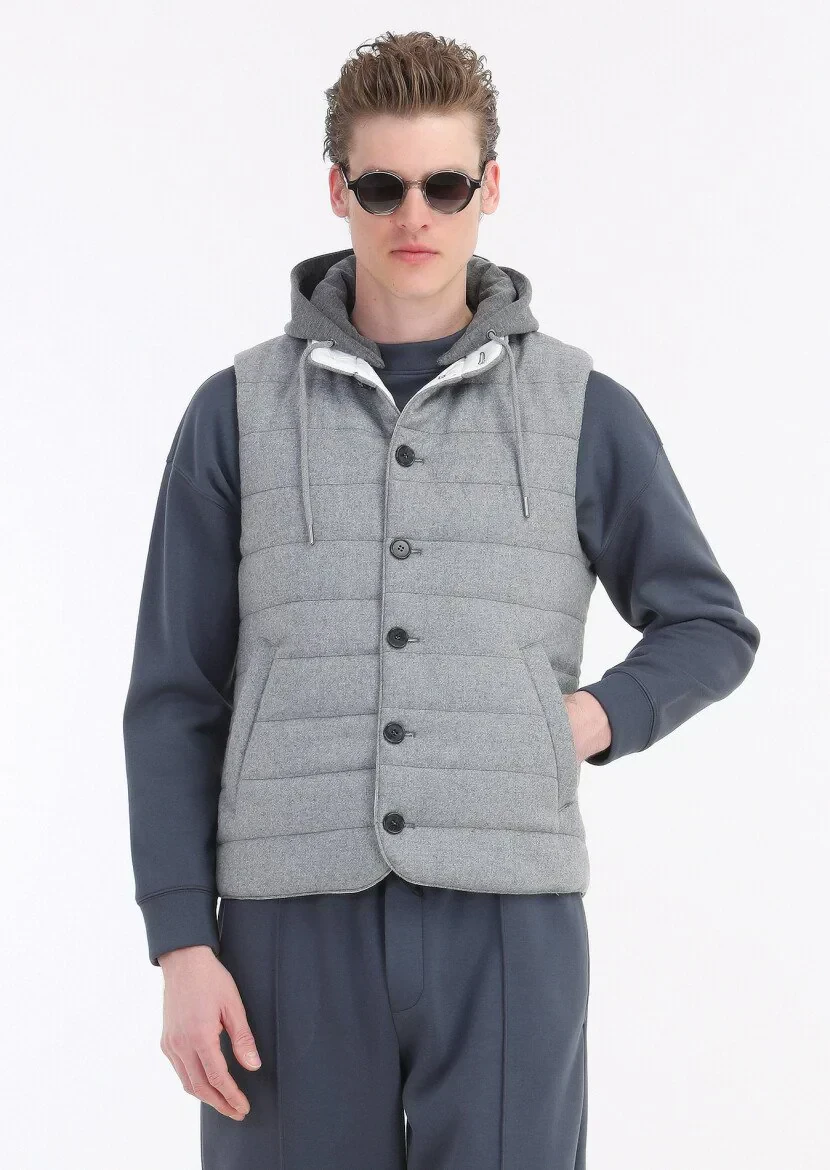 Light Grey Regular Fit Hooded Casual Weaving Puffer Vest - 5