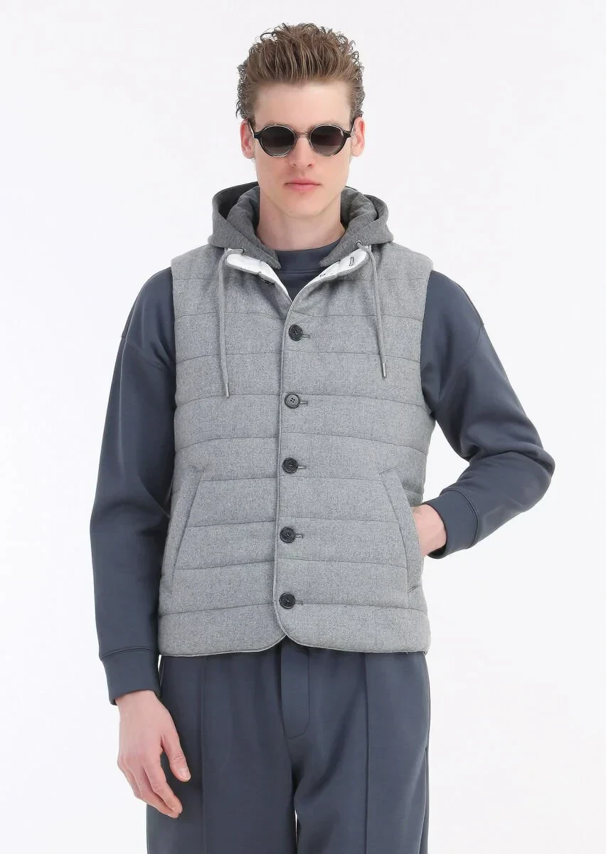 Light Grey Regular Fit Hooded Casual Weaving Puffer Vest - 5