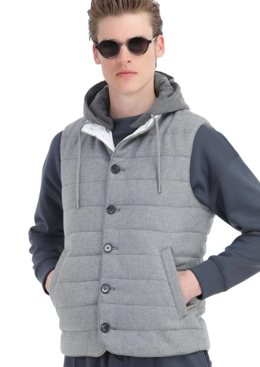 Light Grey Regular Fit Hooded Casual Weaving Puffer Vest - 6