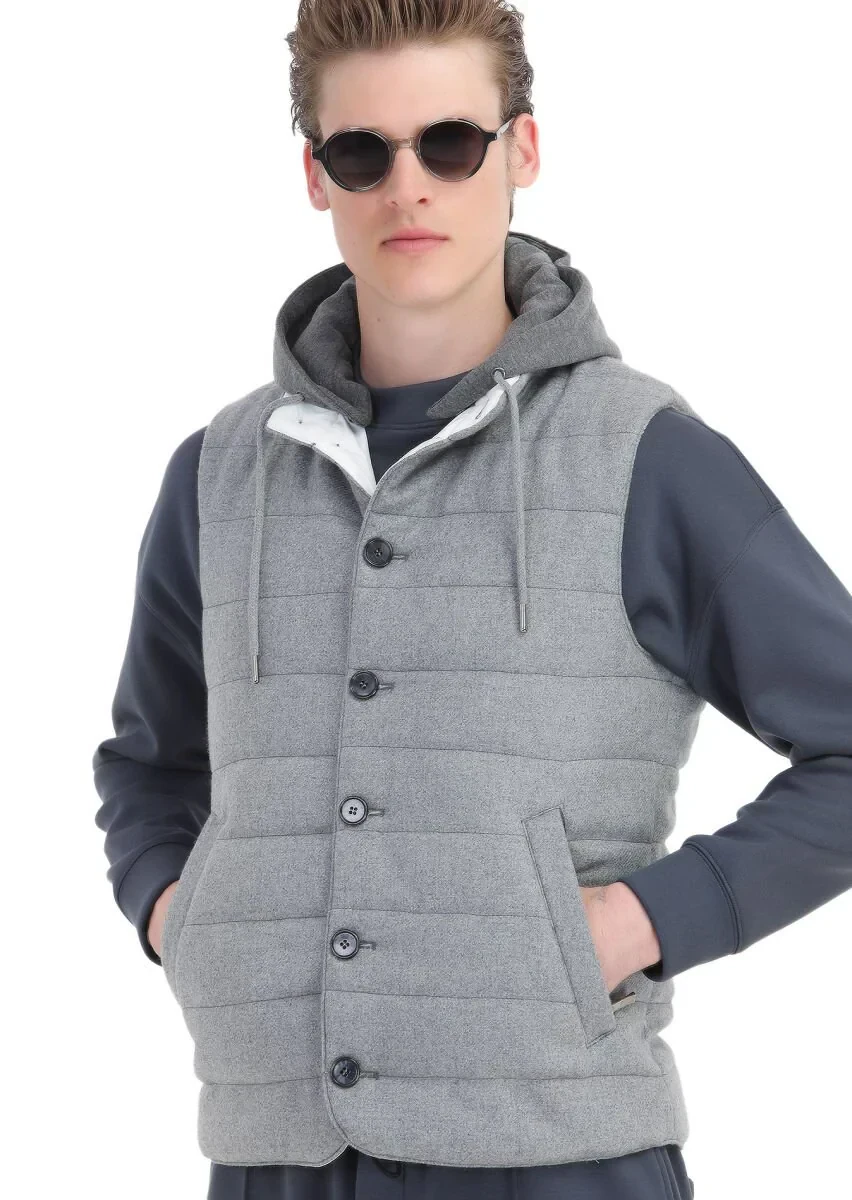 Light Grey Regular Fit Hooded Casual Weaving Puffer Vest - 6