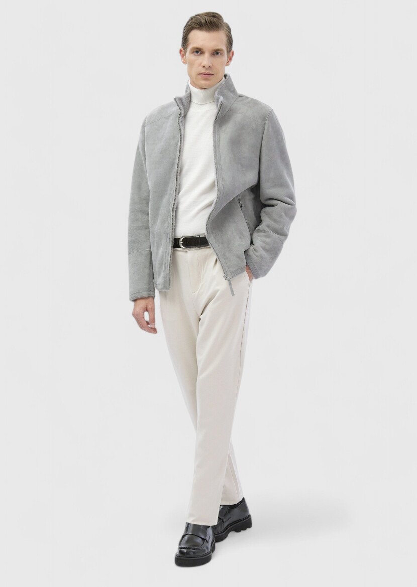 Light Grey Regular Fit Turtleneck Casual Fur Leather Coat - 2