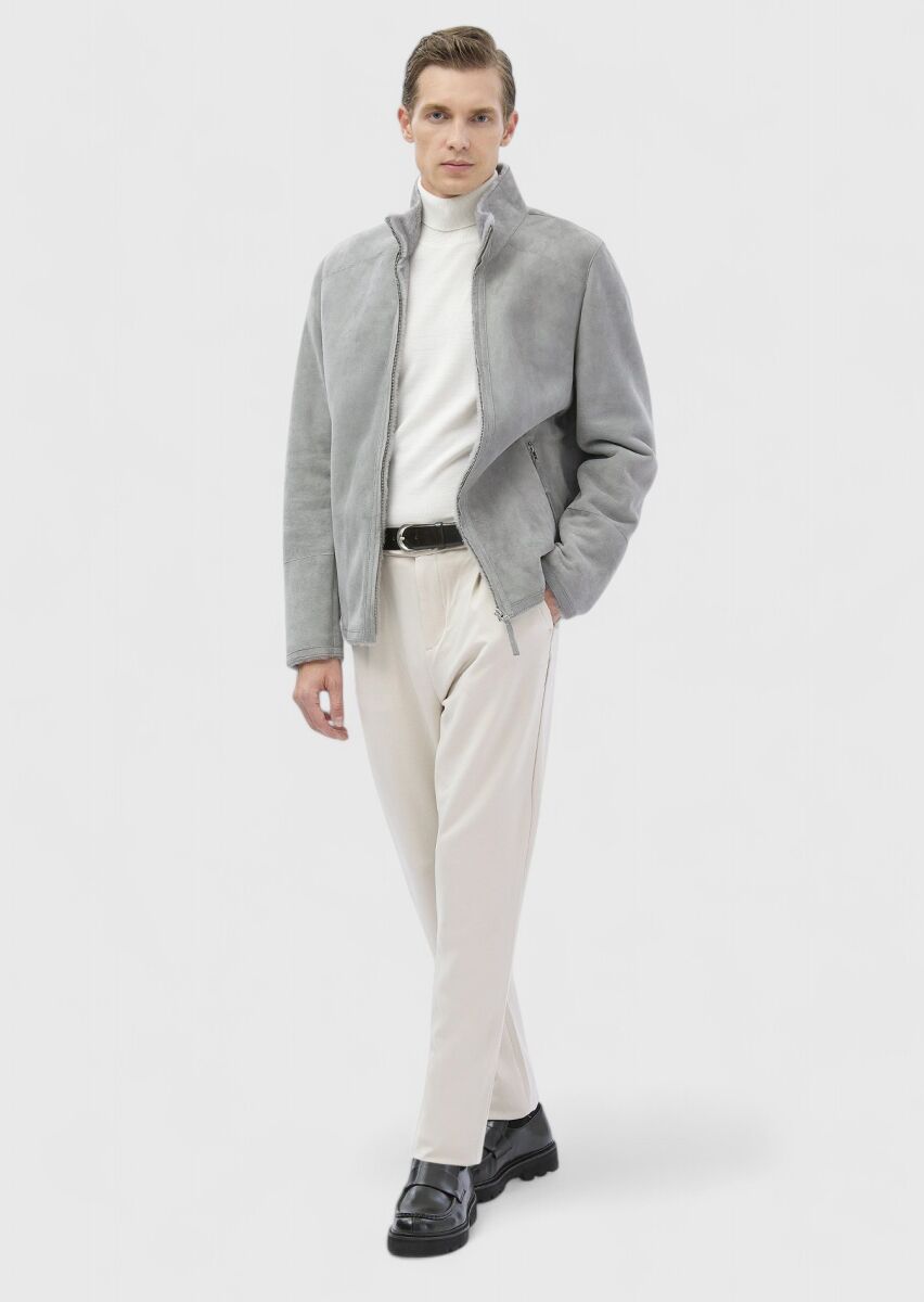 Light Grey Regular Fit Turtleneck Casual Fur Leather Coat - 2