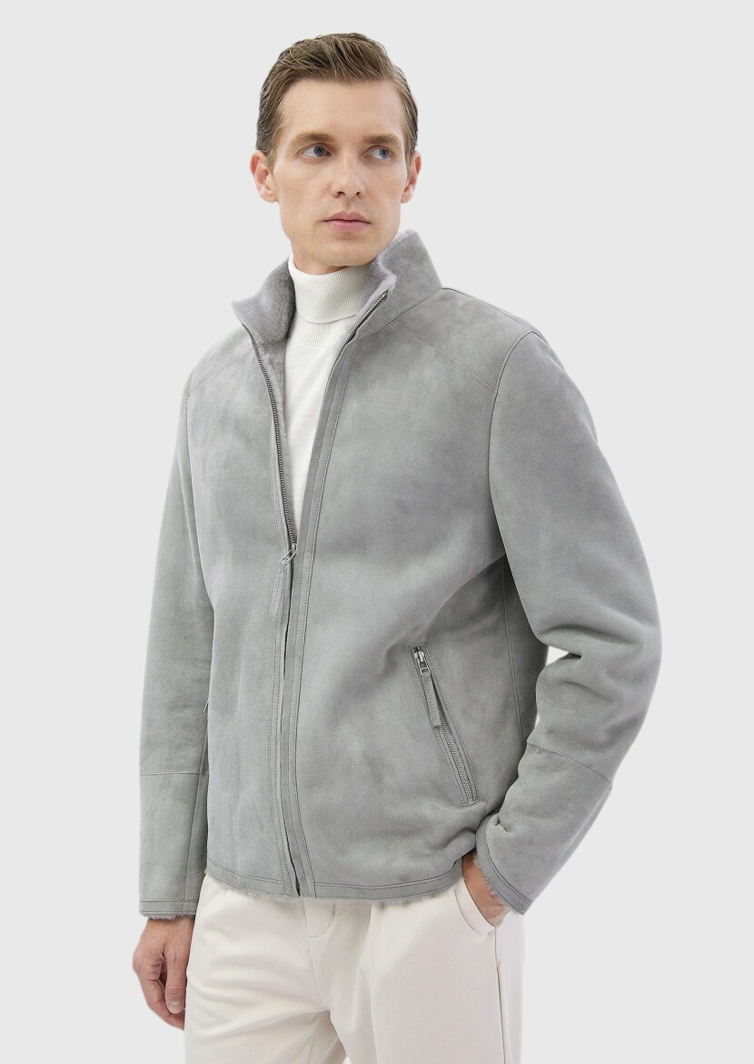 Light Grey Regular Fit Turtleneck Casual Fur Leather Coat - 3