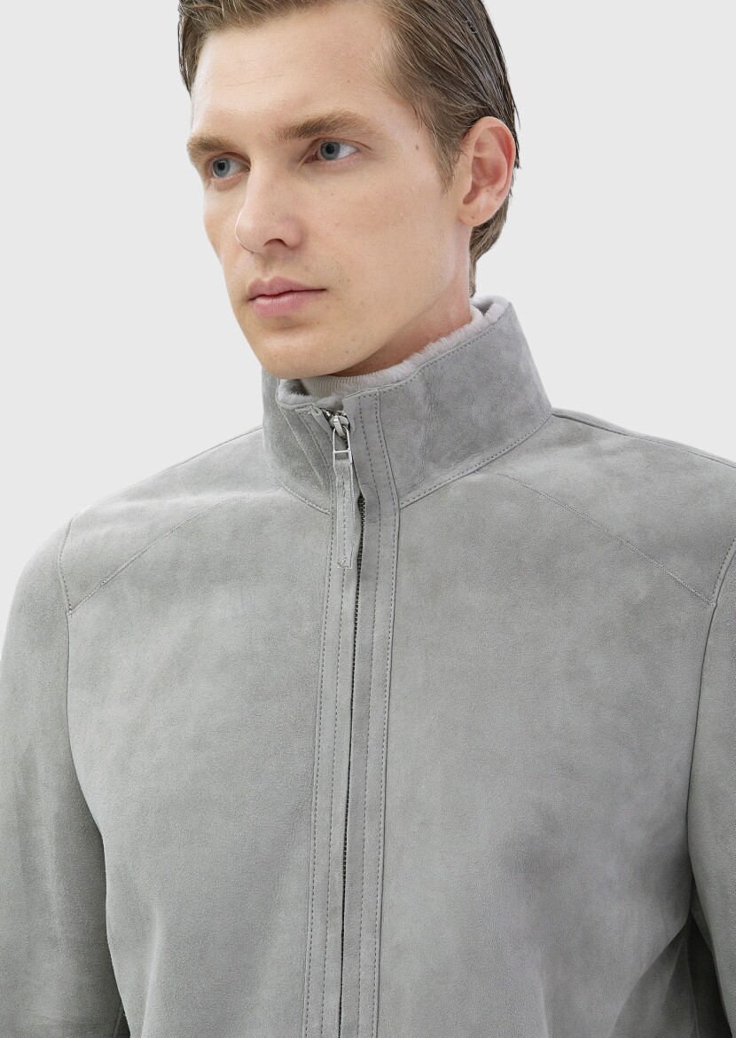 Light Grey Regular Fit Turtleneck Casual Fur Leather Coat - 4