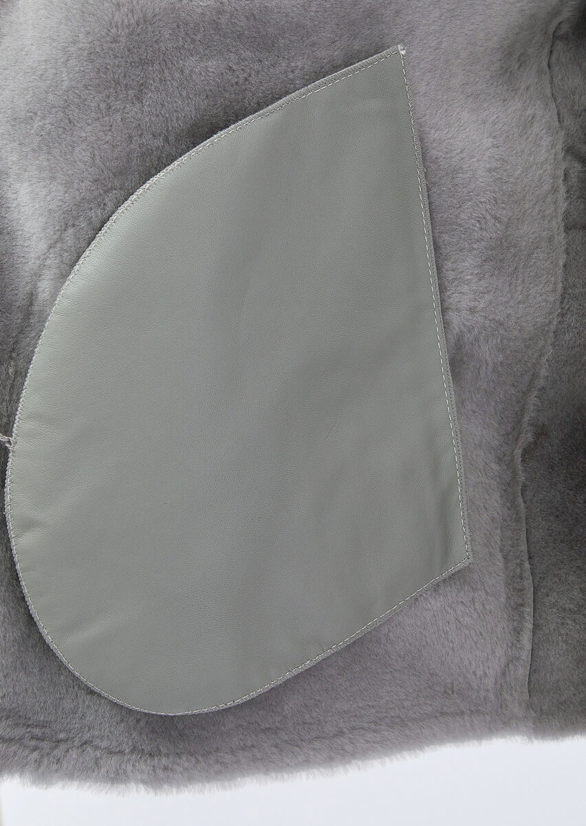 Light Grey Regular Fit Turtleneck Casual Fur Leather Coat - 7