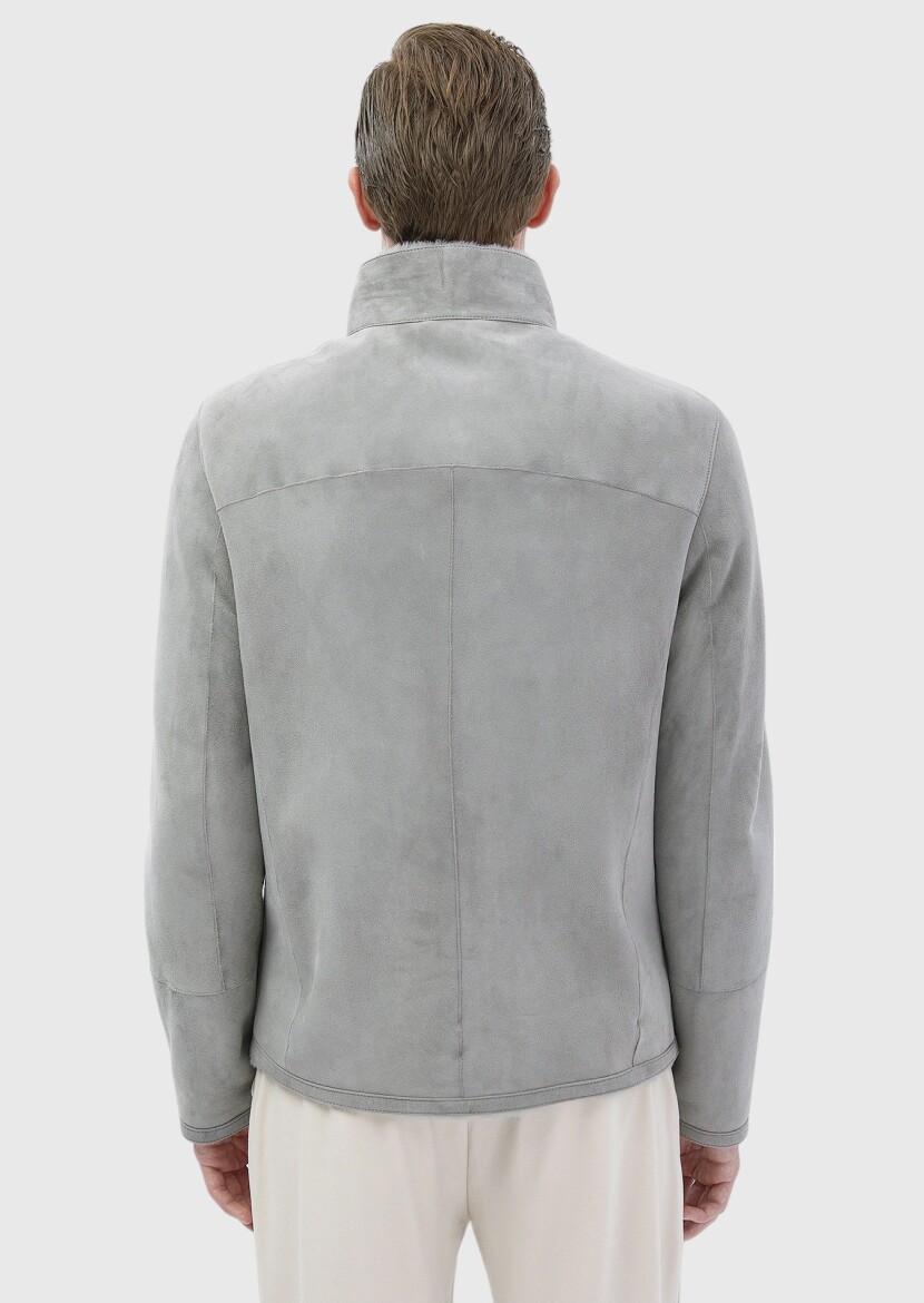 Light Grey Regular Fit Turtleneck Casual Fur Leather Coat - 8