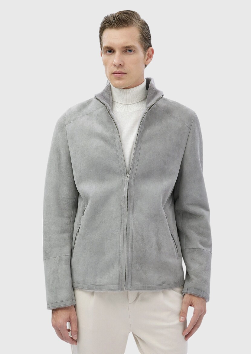 Light Grey Regular Fit Turtleneck Casual Fur Leather Coat - RAMSEY