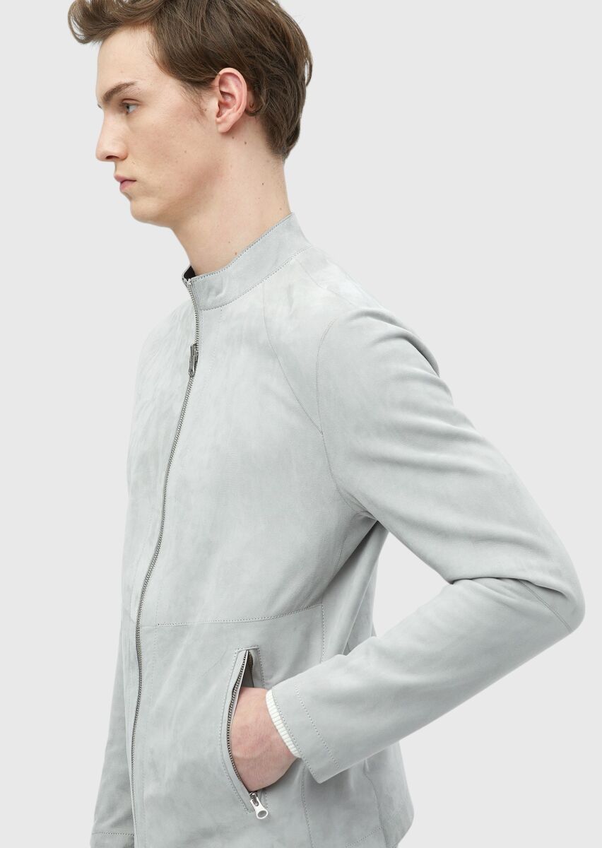 Light Grey Regular Fit Turtleneck Casual Suede Double-Sided Leather Coat - 7