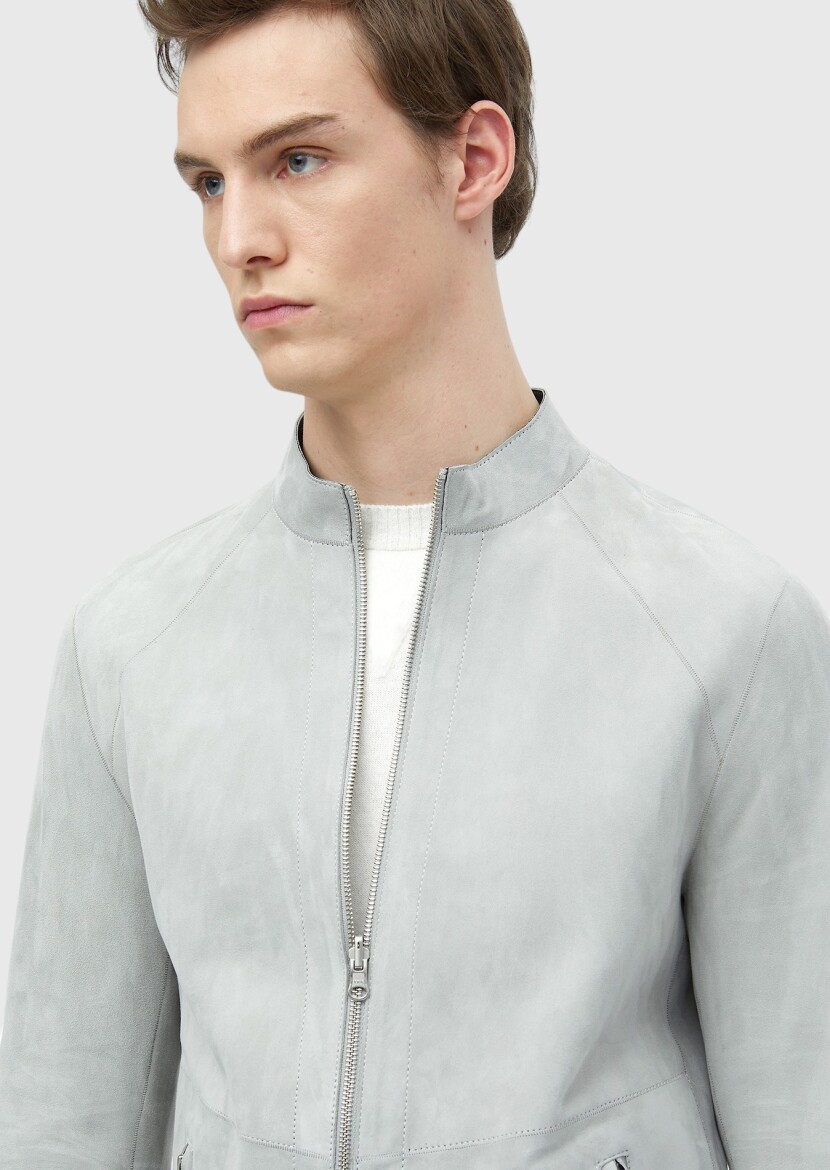 Light Grey Regular Fit Turtleneck Casual Suede Double-Sided Leather Coat - 9