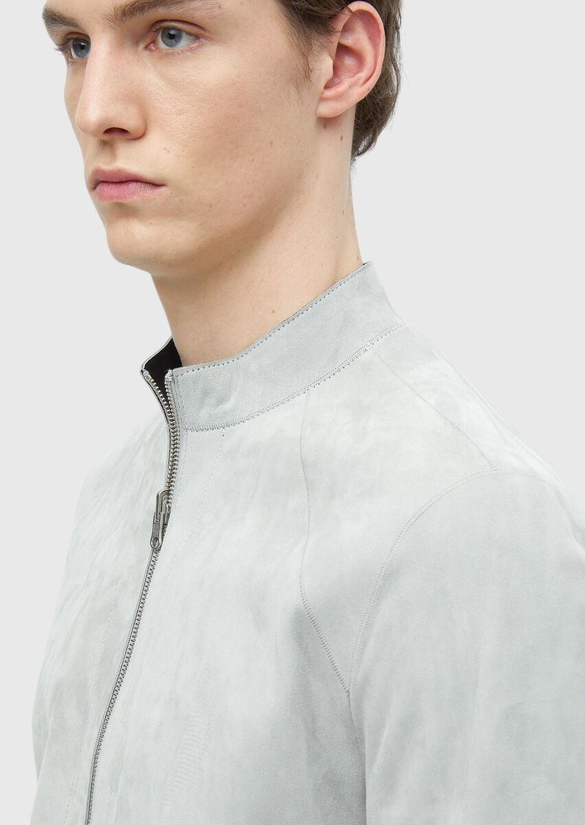 Light Grey Regular Fit Turtleneck Casual Suede Double-Sided Leather Coat - 11