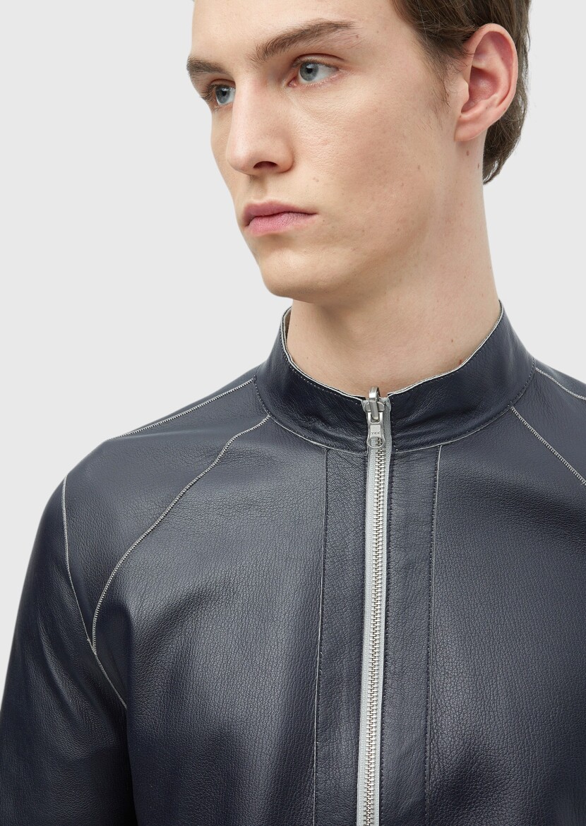 Light Grey Regular Fit Turtleneck Casual Suede Double-Sided Leather Coat - 12