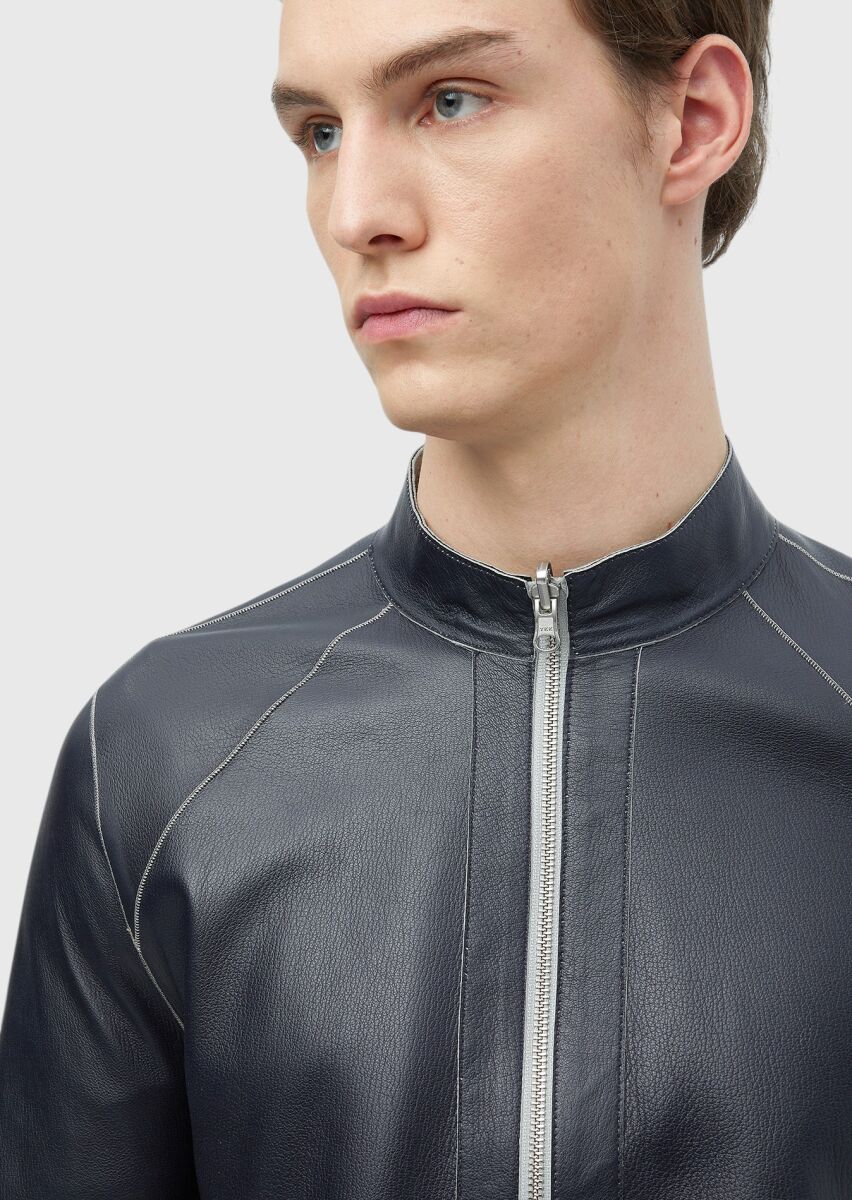 Light Grey Regular Fit Turtleneck Casual Suede Double-Sided Leather Coat - 12