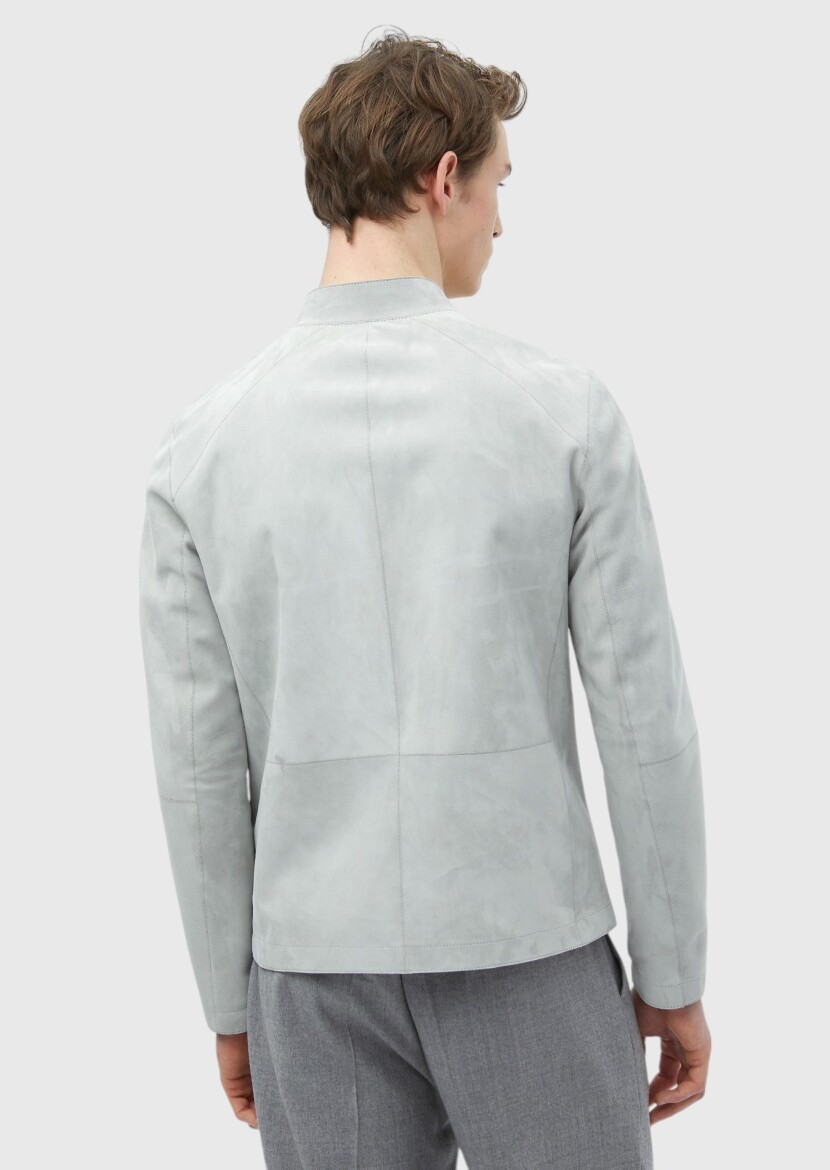 Light Grey Regular Fit Turtleneck Casual Suede Double-Sided Leather Coat - 13