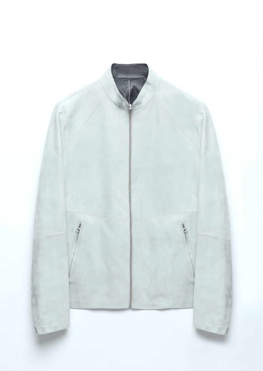 Light Grey Regular Fit Turtleneck Casual Suede Double-Sided Leather Coat - 15