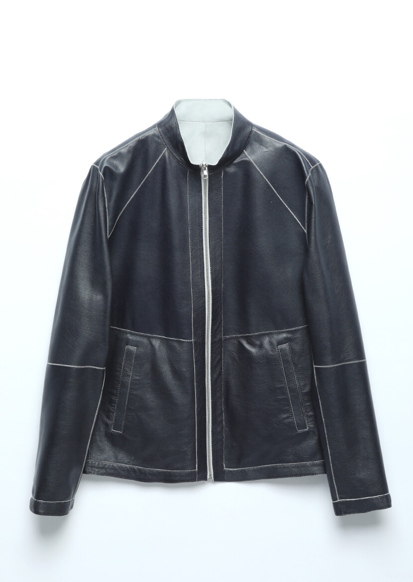 Light Grey Regular Fit Turtleneck Casual Suede Double-Sided Leather Coat - 16