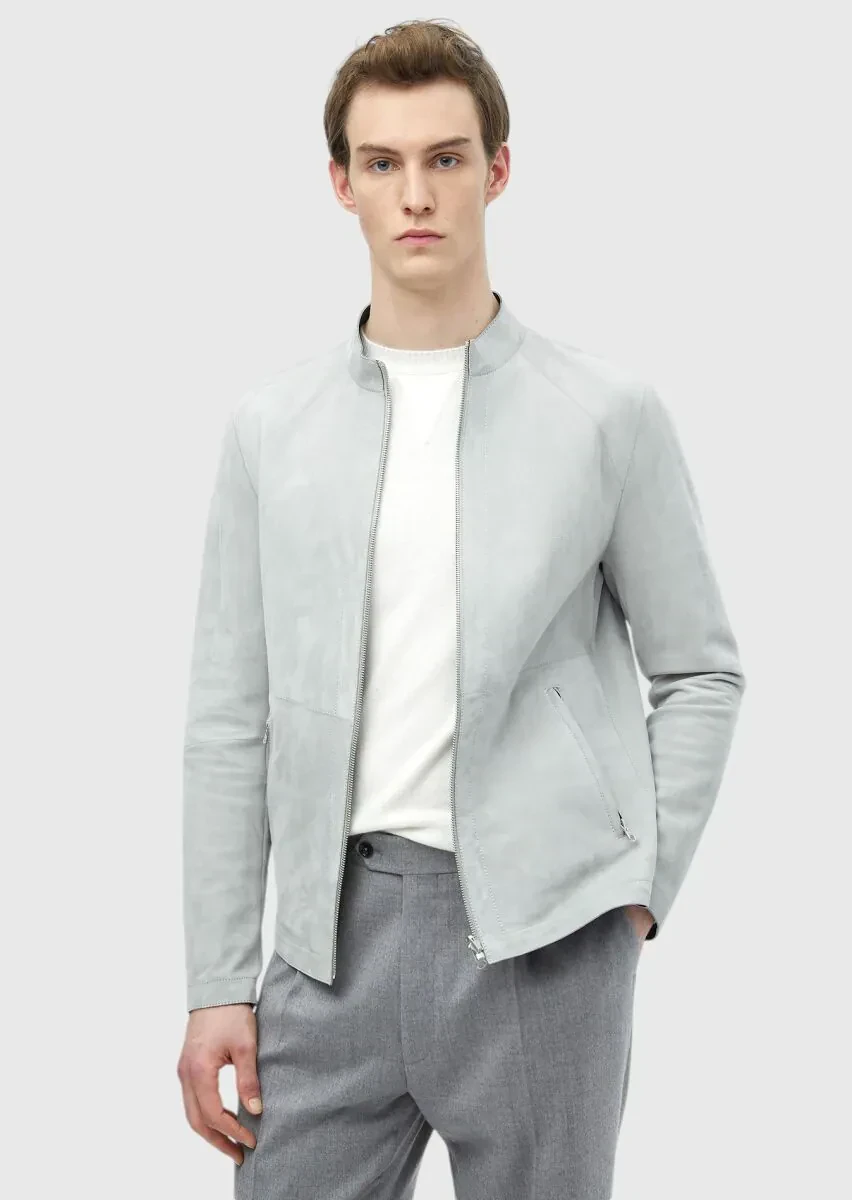 Light Grey Regular Fit Turtleneck Casual Suede Double-Sided Leather Coat - 1