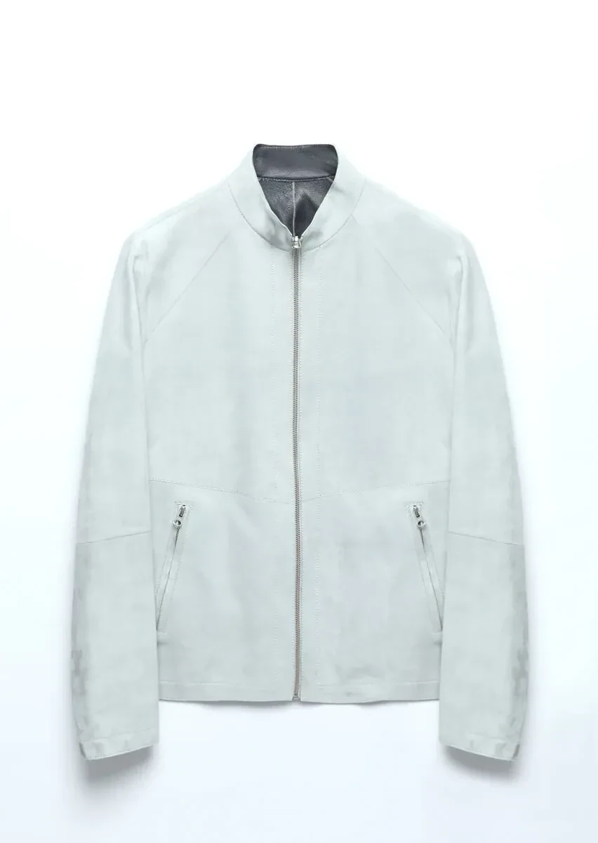 Light Grey Regular Fit Turtleneck Casual Suede Double-Sided Leather Coat - 15