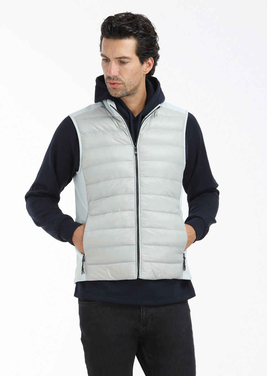 Light Grey Regular Fit Turtleneck Casual Weaving Puffer Vest - 2