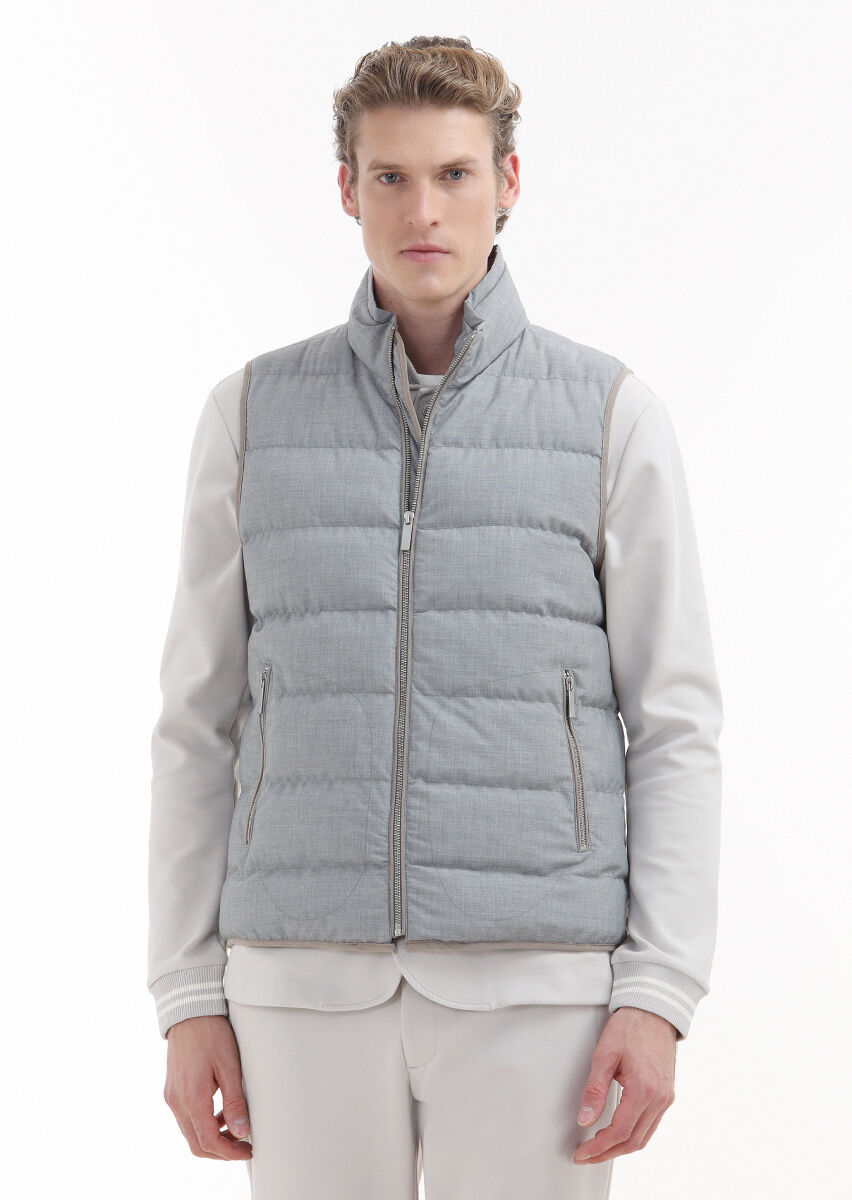 Light Grey Regular Fit Turtleneck Casual Weaving Puffer Vest - 1