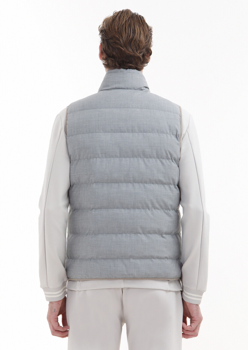 Light Grey Regular Fit Turtleneck Casual Weaving Puffer Vest - 3