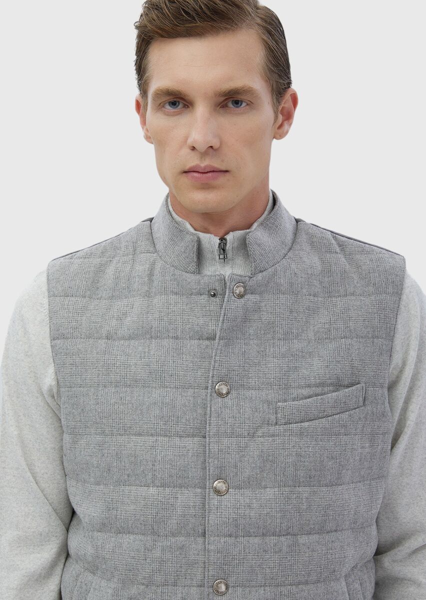 Light Grey Regular Fit Turtleneck Casual Weaving Puffer Vest - 3