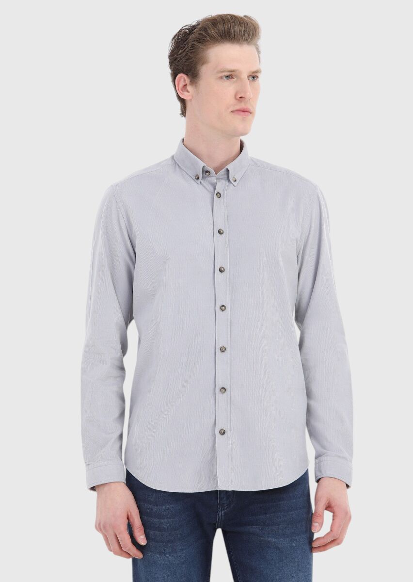 Light Grey Ribbed Regular Fit Long Weaving Casual 100% Cotton Shirt - 2