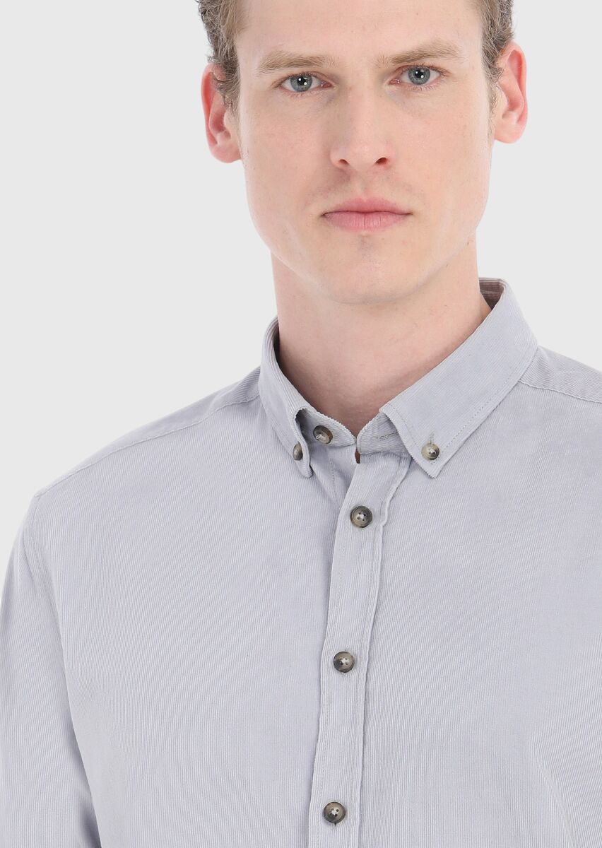 Light Grey Ribbed Regular Fit Long Weaving Casual 100% Cotton Shirt - 3