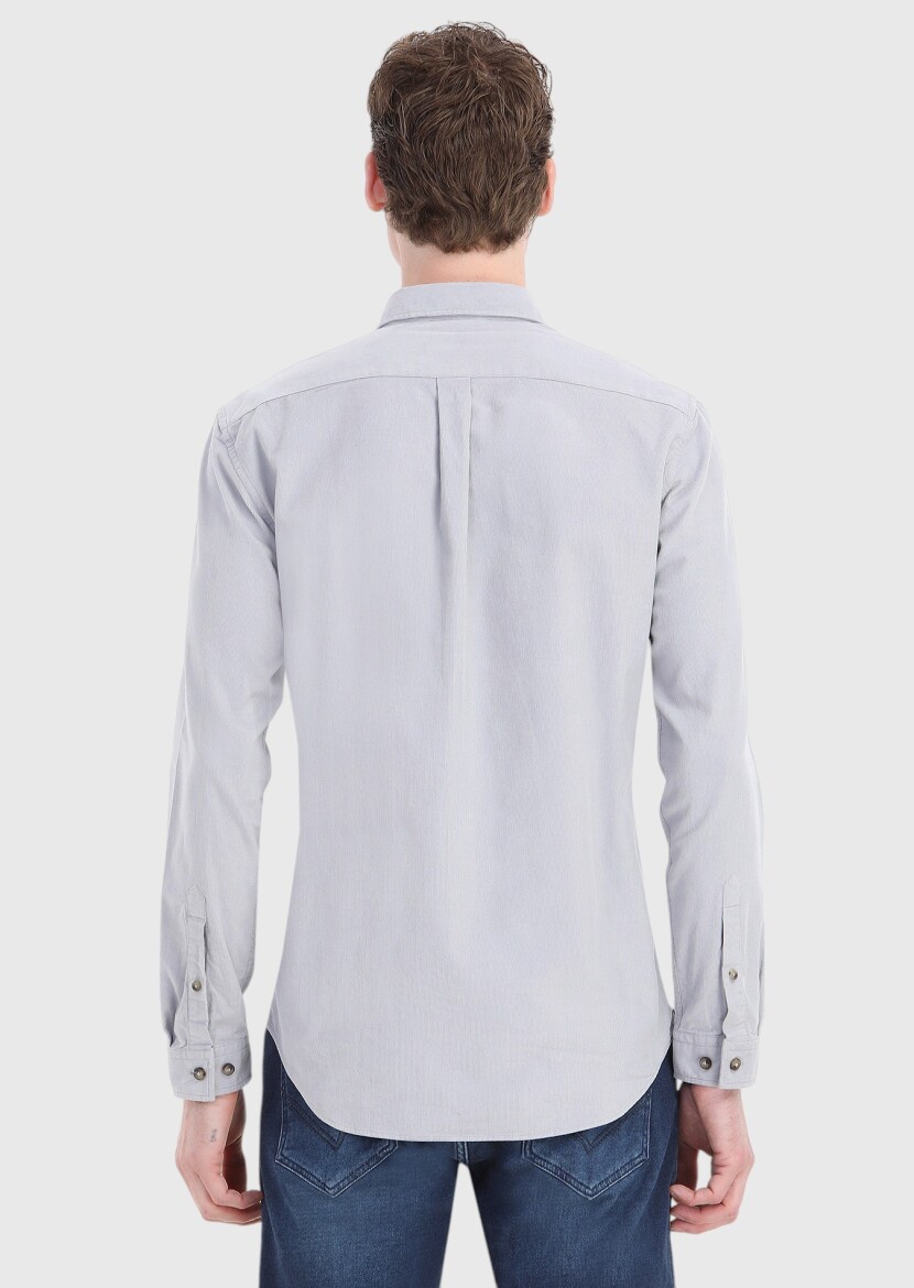 Light Grey Ribbed Regular Fit Long Weaving Casual 100% Cotton Shirt - 4