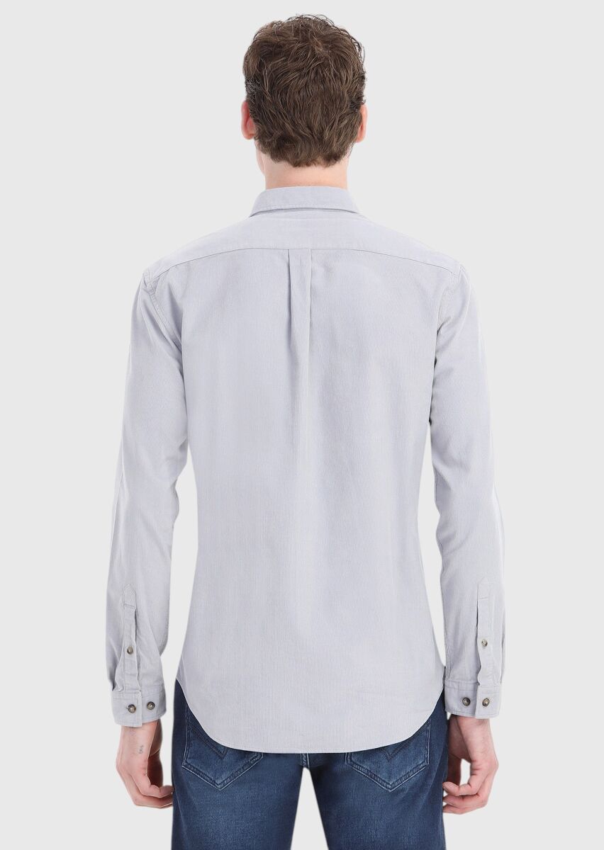 Light Grey Ribbed Regular Fit Long Weaving Casual 100% Cotton Shirt - 4