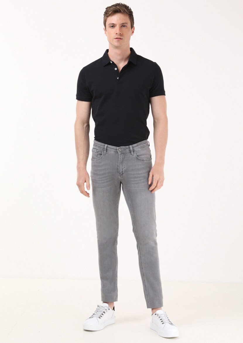 Light Grey Slim Fit Denim Cotton Blended Trousers - 1