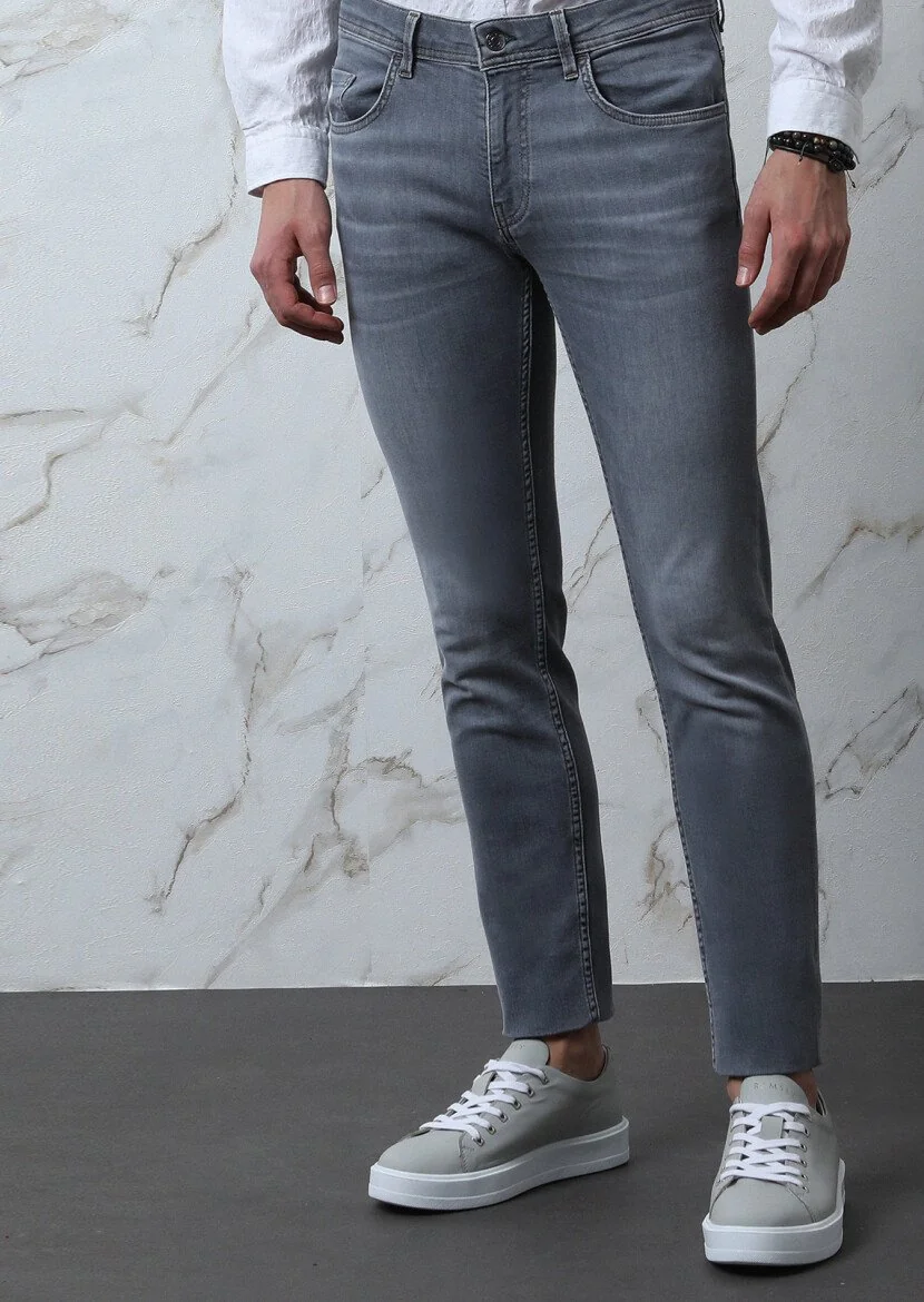 Light Grey Slim Fit Denim Cotton Blended Trousers - 2