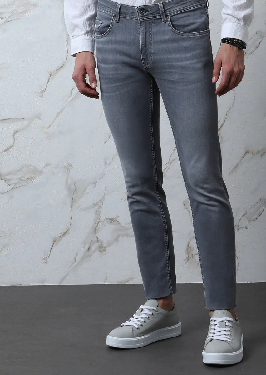 Light Grey Slim Fit Denim Cotton Blended Trousers - 2