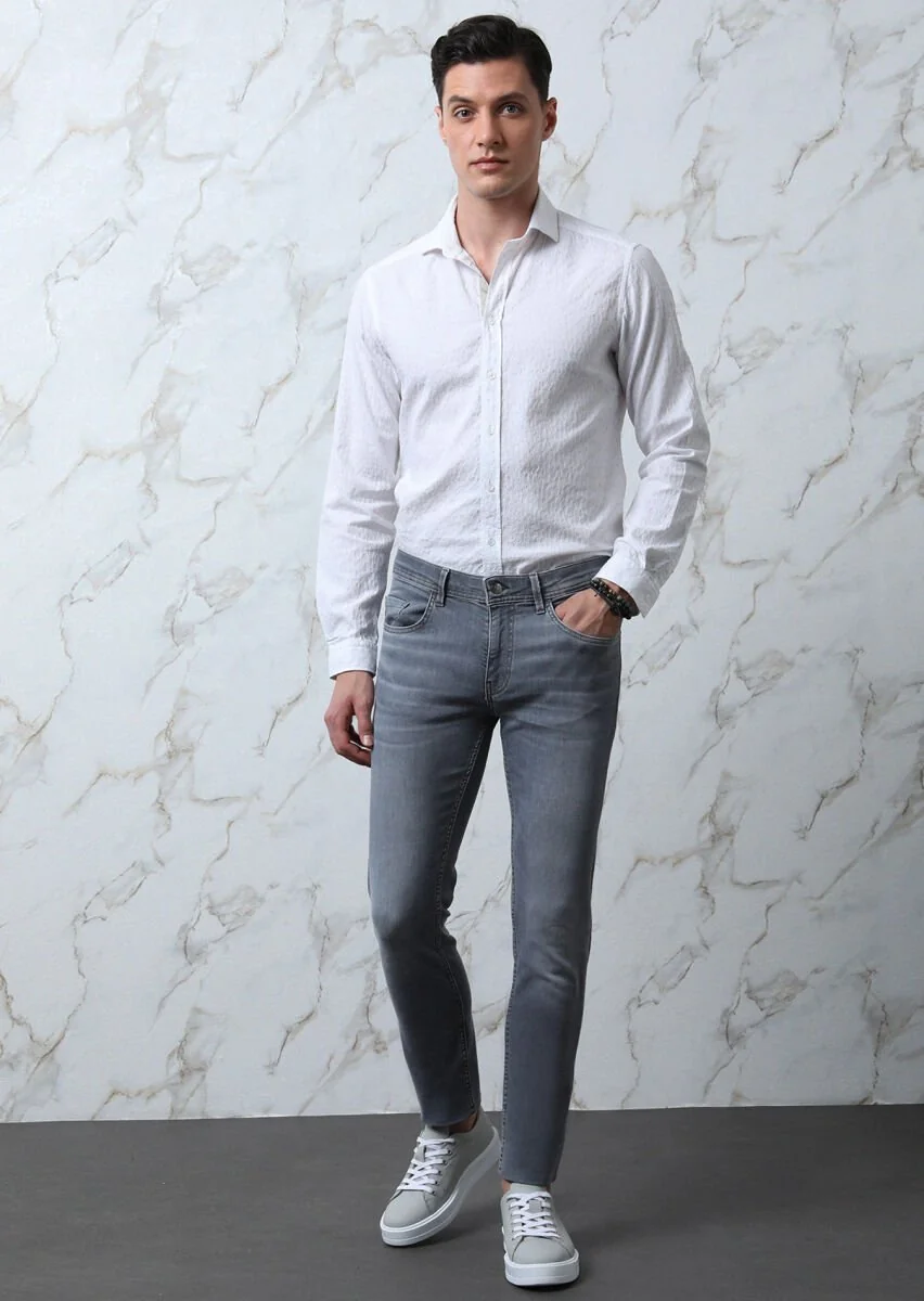 Light Grey Slim Fit Denim Cotton Blended Trousers - 3