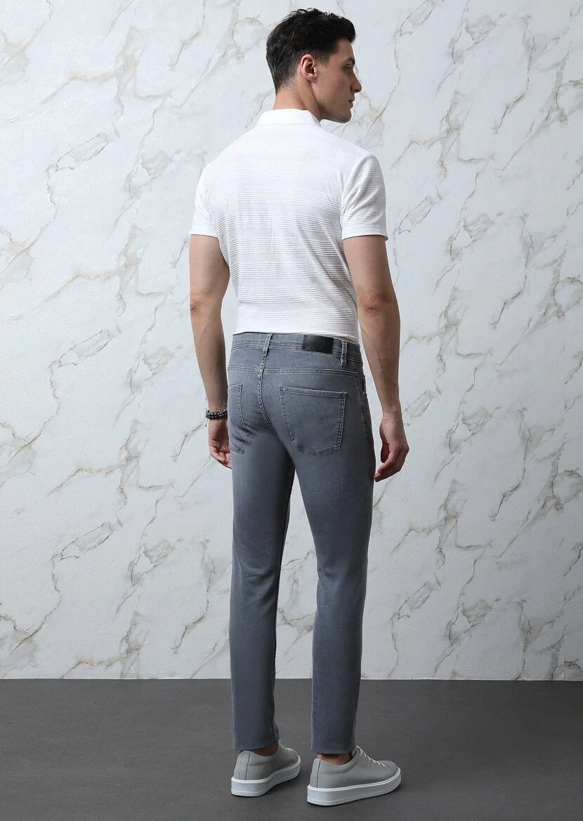 Light Grey Slim Fit Denim Cotton Blended Trousers - 5