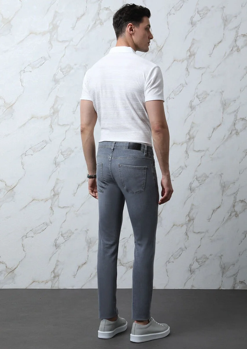 Light Grey Slim Fit Denim Cotton Blended Trousers - 5