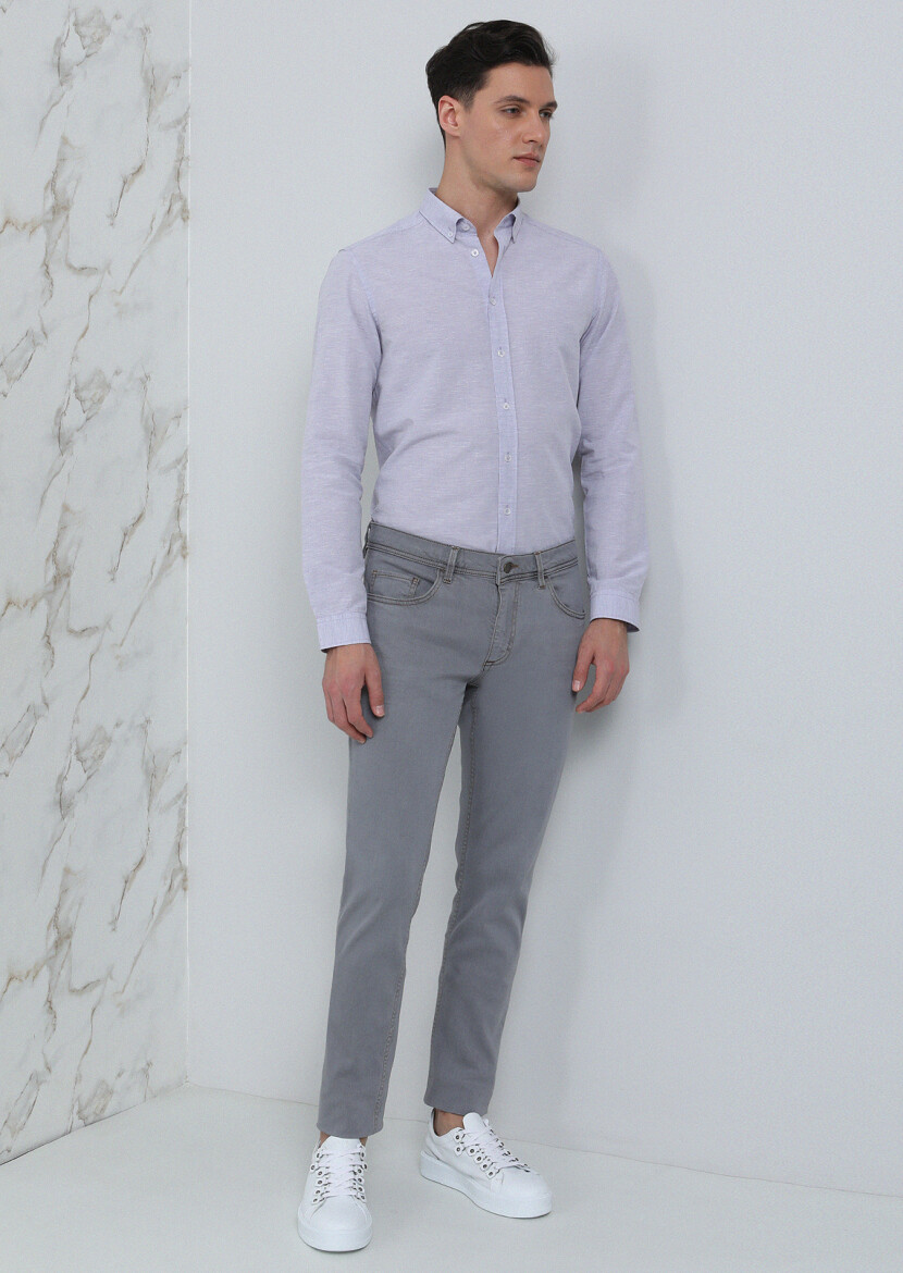 Light Grey Slim Fit Denim Cotton Blended Trousers - 4