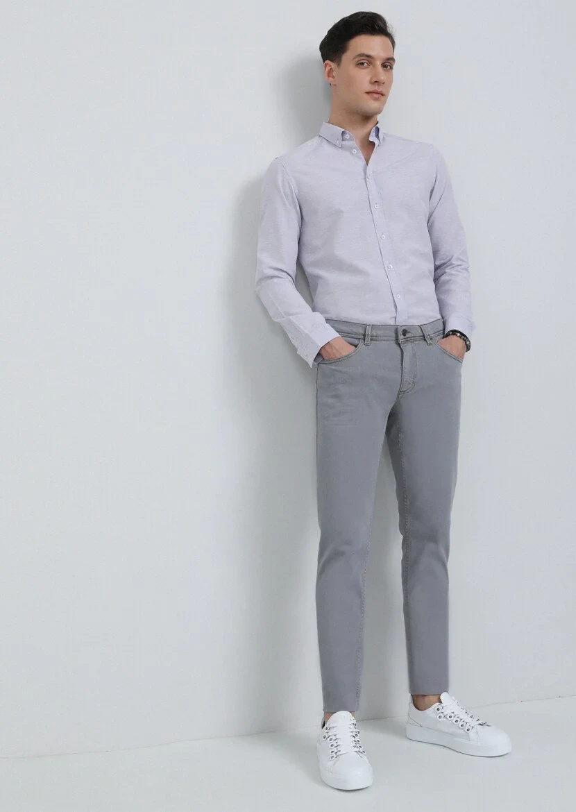 Light Grey Slim Fit Denim Cotton Blended Trousers - 3
