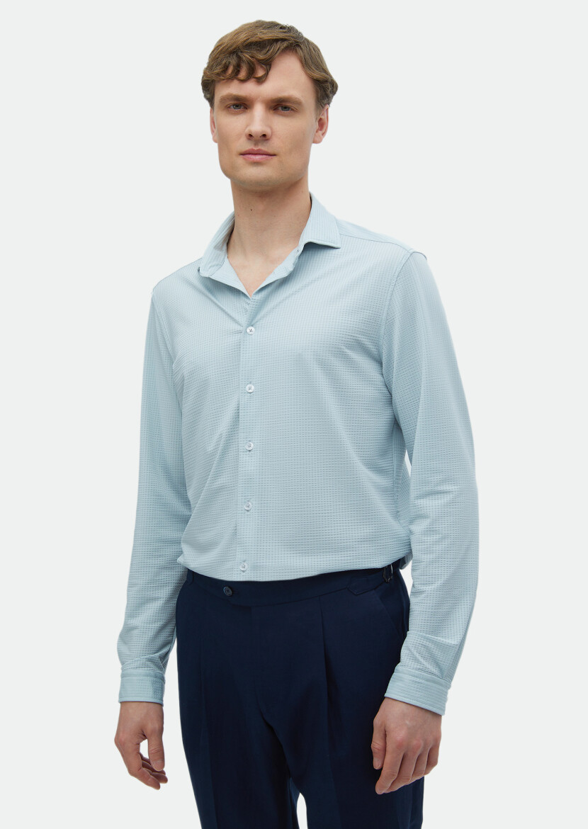 Light Grey Striped Casual Fit Long Knitting Casual Shirt - RAMSEY