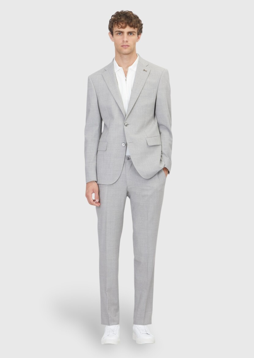 Light Grey Striped Modern Fit Wool Blended Suit - RAMSEY