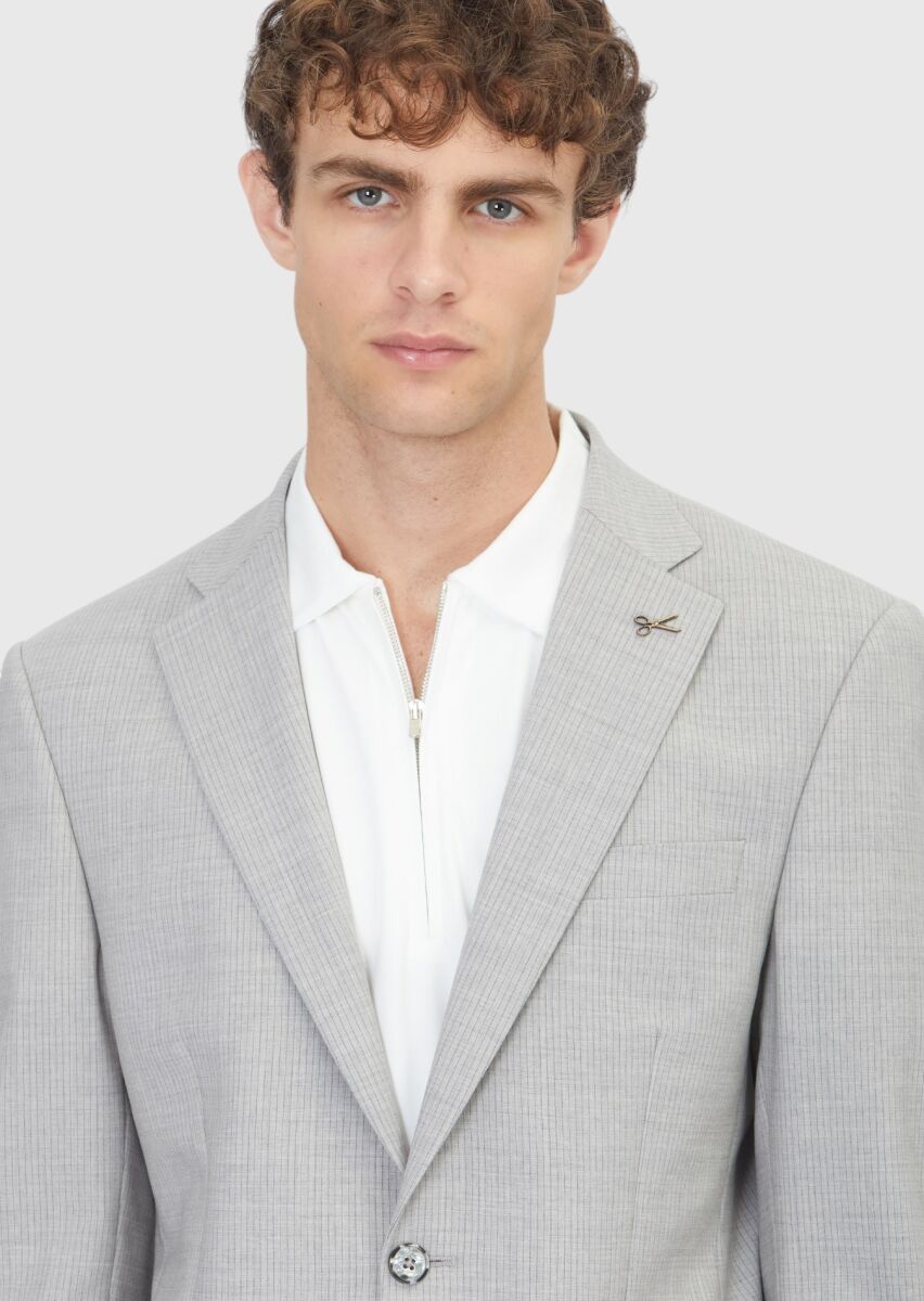 Light Grey Striped Modern Fit Wool Blended Suit - 3