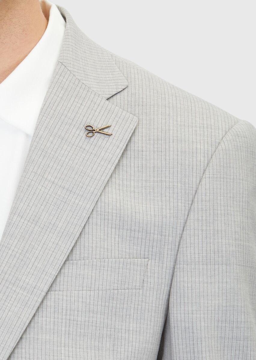 Light Grey Striped Modern Fit Wool Blended Suit - 5