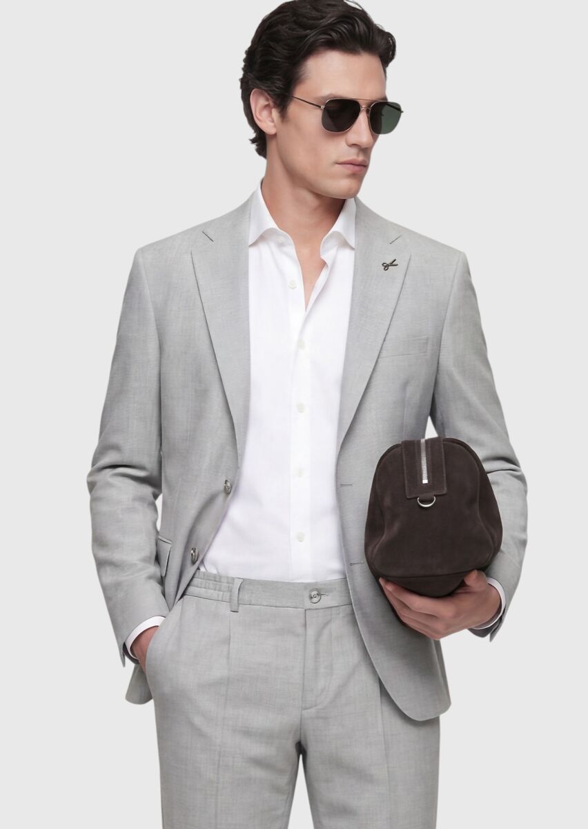 Light Grey Striped Modern Fit Wool Blended Suit - 3