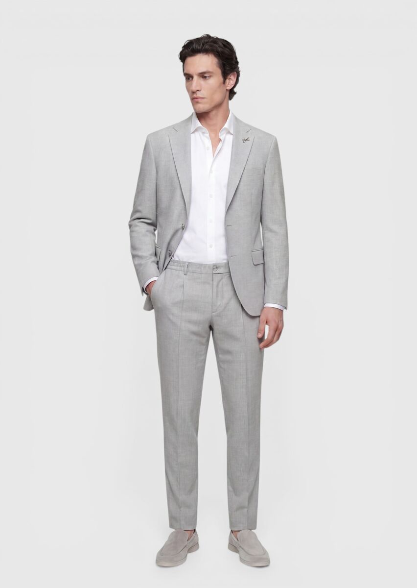 Light Grey Striped Modern Fit Wool Blended Suit - 4